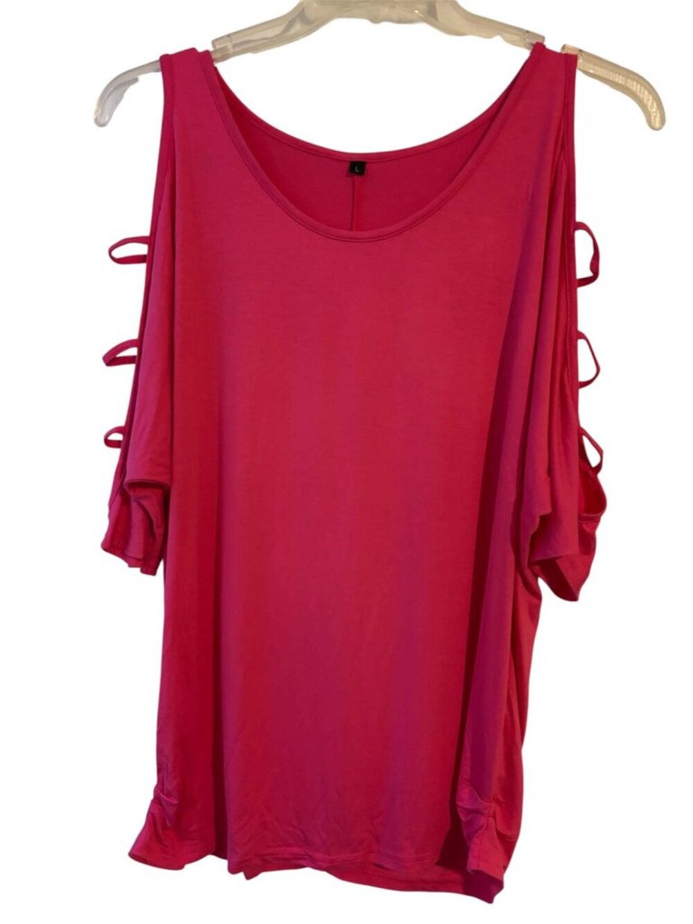 Large Pink Lattice Sleeve Shirt Cold Shoulder Ruched Waist